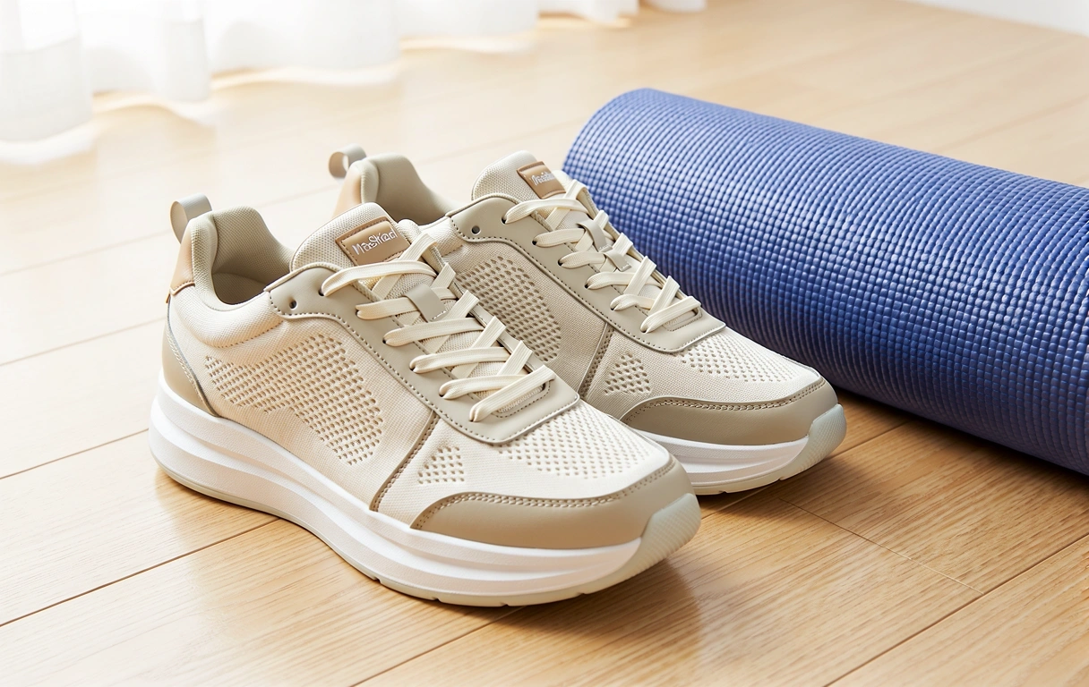 Calzado cómodo y esterilla de ejercicio en un entorno minimalista